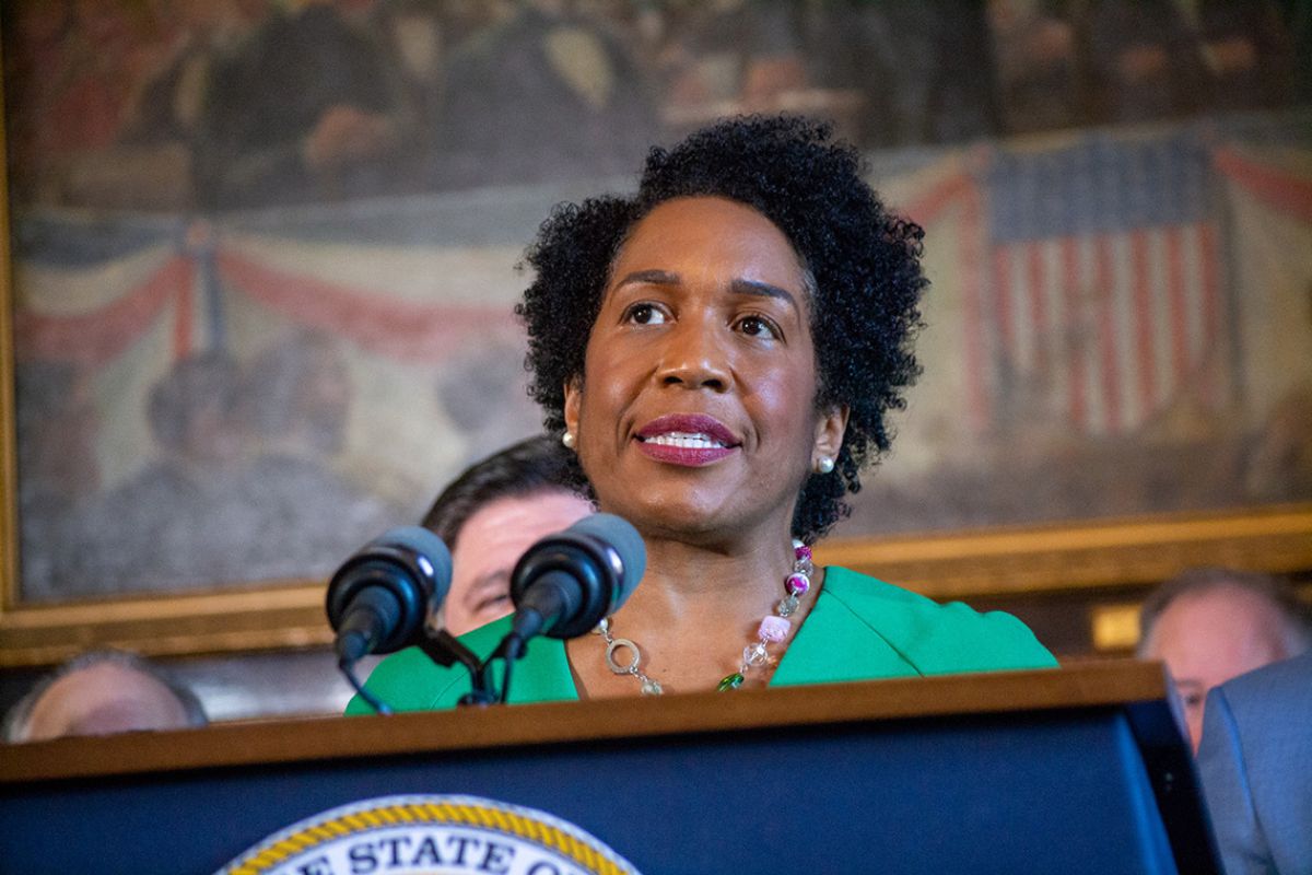 Lt. Gov. Juliana Stratton is pictured at a news conference in the governor’s office in 2023. (Capitol News Illinois photo by Jerry Nowicki)