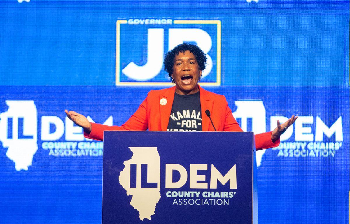 Lt. Gov. Juliana Stratton speaks at the Illinois Democratic County Chairs’ Association brunch in Springfield in August 2024. She became the first high-ranking Democrat to formally announce her candidacy for U.S. Senate on Thursday, April 24, one day after Illinois’ senior U.S. Sen. Dick Durbin announced he would not run again after his term ends in 2026. (Capitol News Illinois photo by Jerry Nowicki)