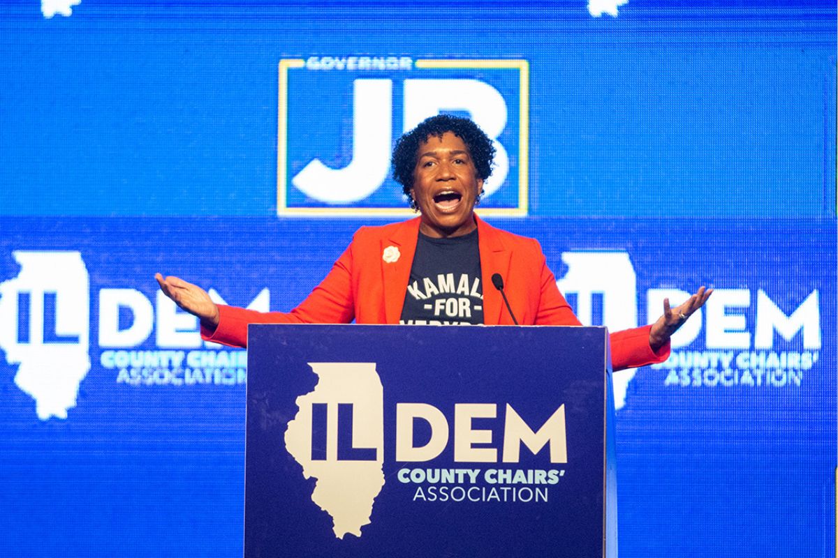 Lt. Gov. Juliana Stratton speaks at the Illinois Democratic County Chairs’ Association brunch in Springfield in August 2024. She became the first high-ranking Democrat to formally announce her candidacy for U.S. Senate on Thursday, April 24, one day after Illinois’ senior U.S. Sen. Dick Durbin announced he would not run again after his term ends in 2026. (Capitol News Illinois photo by Jerry Nowicki)