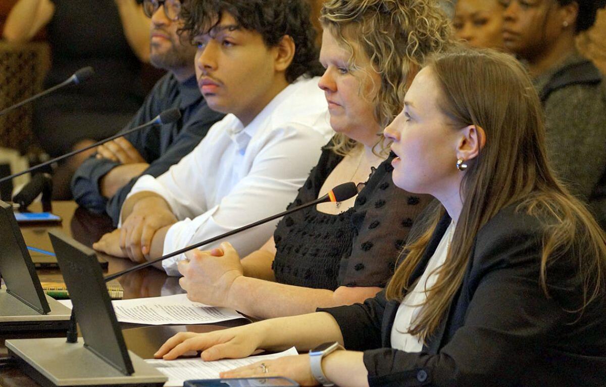 Susan Stanton, right, executive director of ACT Now, which advocates for after-school programs, testifies before a House committee in favor of a bill to earmark $50 million in the upcoming state budget to help fund those programs. (Capitol News Illinois photo by Peter Hancock)