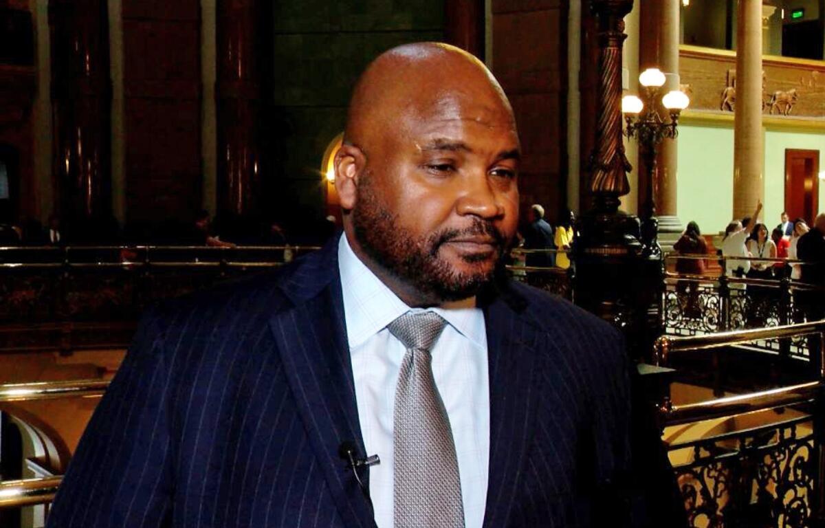 Sen. Elgie Sims, D-Chicago, speaks to Capitol News Illinois about the status of state budget negotiations. (Capitol News Illinois photo by Andrew Campbell)