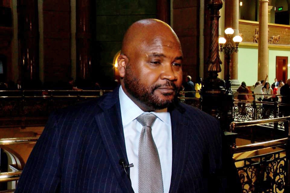 Sen. Elgie Sims, D-Chicago, speaks to Capitol News Illinois about the status of state budget negotiations. (Capitol News Illinois photo by Andrew Campbell)