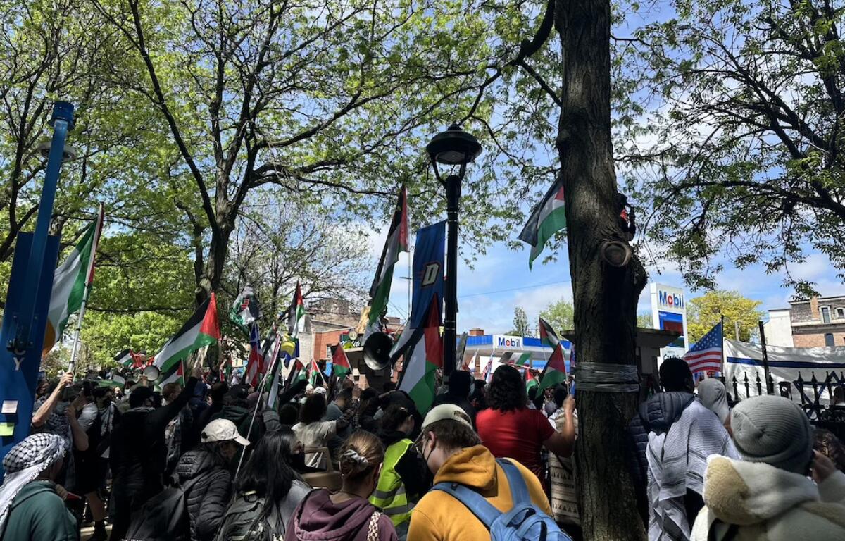 Students at DePaul University’s Gaza Solidarity Encampment face counterprotesters in May 2024. This encampment was one of at least 130 similar campus protests last year, which highlighted concerns that Israel was engaging in human rights violations.