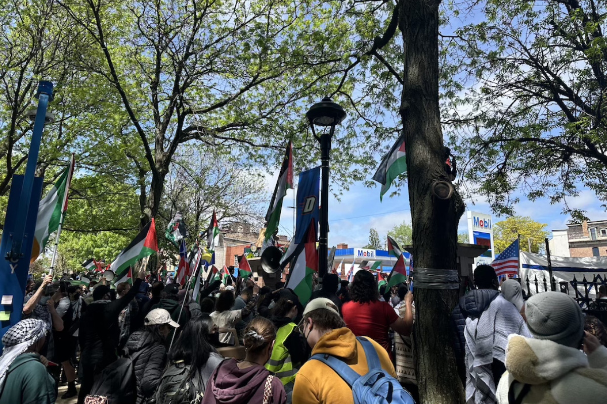 Students at DePaul University’s Gaza Solidarity Encampment face counterprotesters in May 2024. This encampment was one of at least 130 similar campus protests last year, which highlighted concerns that Israel was engaging in human rights violations.