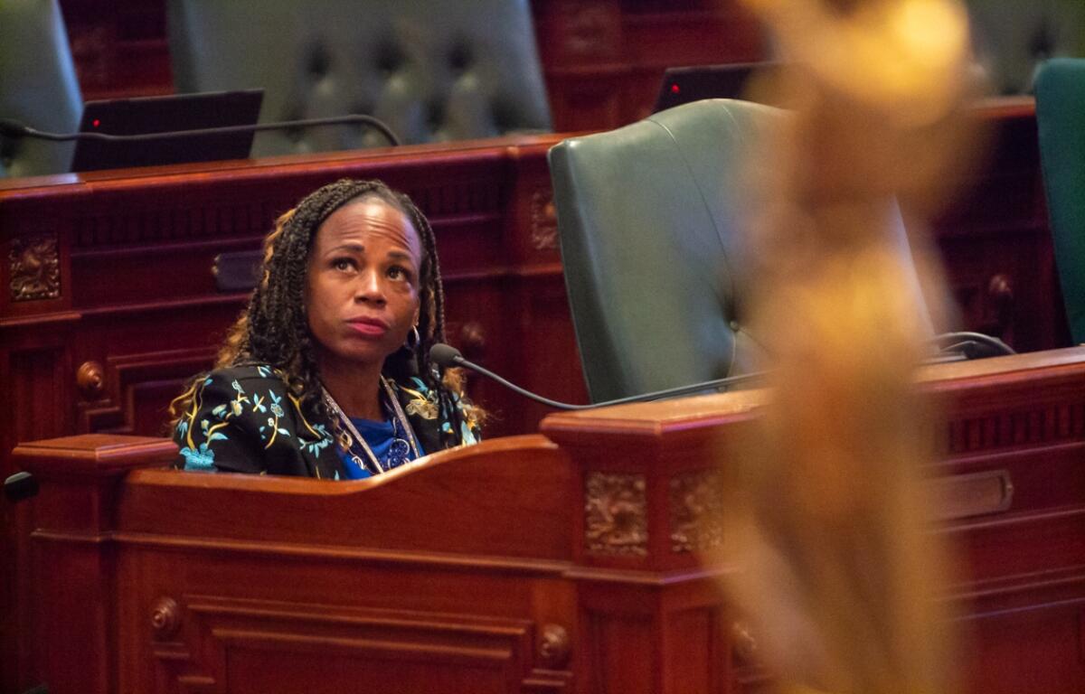 State Rep. Carol Ammons, D-Urbana, watches as her bill to ban carbon sequestration under, above or through the Mahomet Aquifer, is voted on. (Capitol News Illinois photo by Jerry Nowicki)
