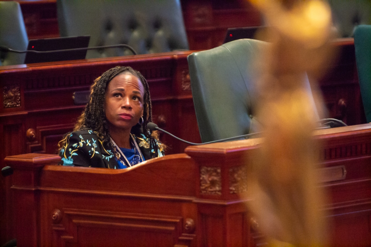 State Rep. Carol Ammons, D-Urbana, watches as her bill to ban carbon sequestration under, above or through the Mahomet Aquifer, is voted on. (Capitol News Illinois photo by Jerry Nowicki)