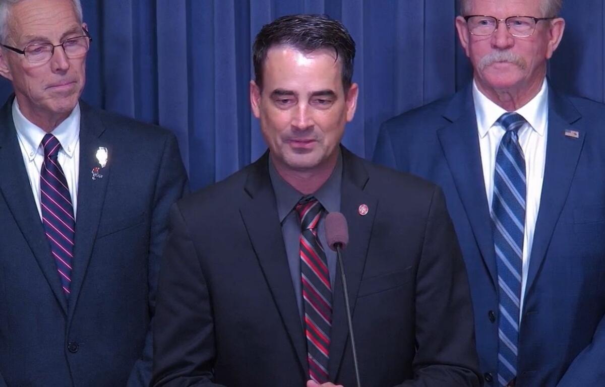 State Rep. Blaine Wilhour speaks at a House GOP news conference.