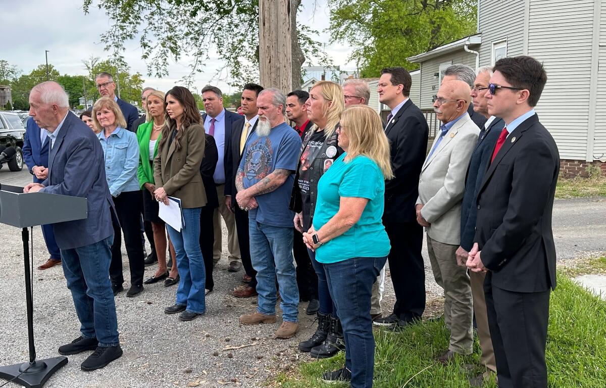 Supporters of efforts to combat illegal immigration speak at an event hosted by Homeland Security Secretary Kristi Noem, Wednesday, May 7, in Springfield.