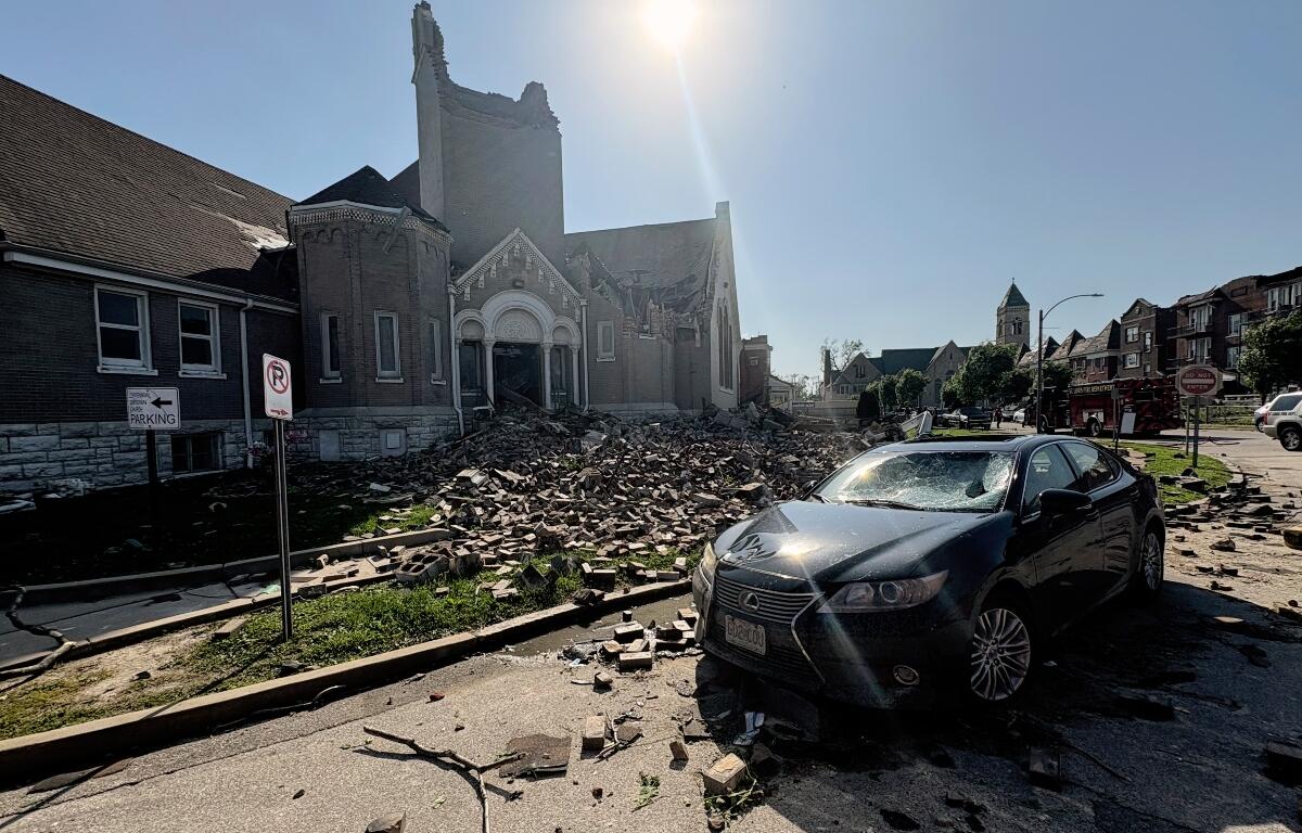 Part of Centennial Christian Church in St. Louis, Missouri, collapsed on Friday, May 16, 2025 when severe storms, including a possible tornado, swept through the city.