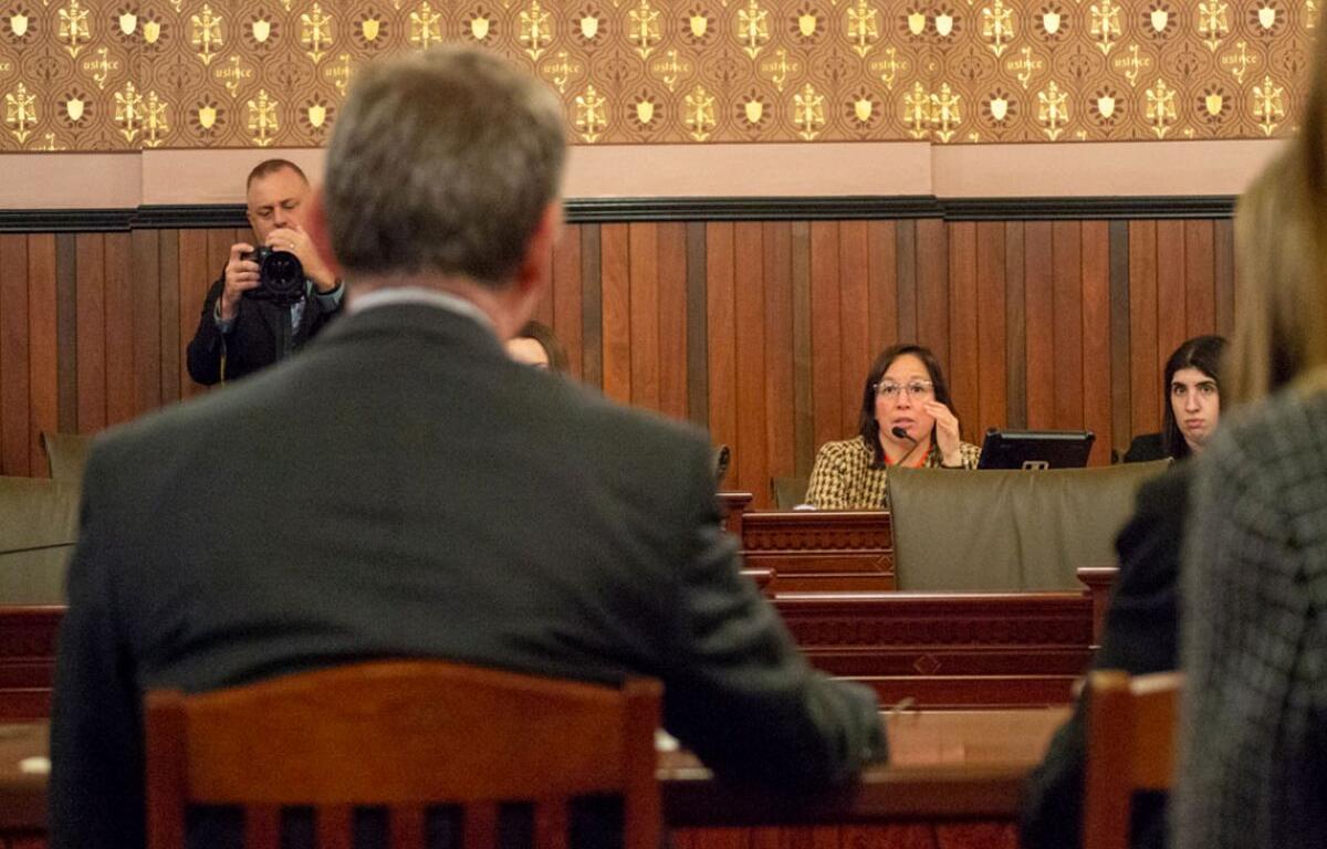 State Sen. Cristina Castro is pictured in a Senate Executive Committee hearing last year in Springfield. (Capitol News Illinois photo by Jerry Nowicki)