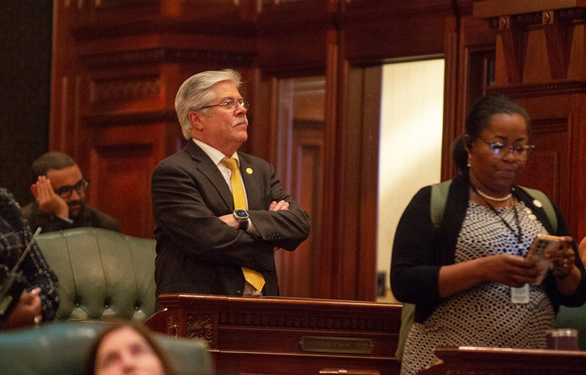 State Rep. Fred Crespo, D-Hoffman Estates, is pictured on the Illinois House floor in May 2024 after voting against part of the state budget for the current fiscal year. House Speaker Emanuel “Chris” Welch stripped him of his committee leadership role and banned him from attending Democratic caucus hearings this week. (Capitol News Illinois photo by Jerry Nowicki)