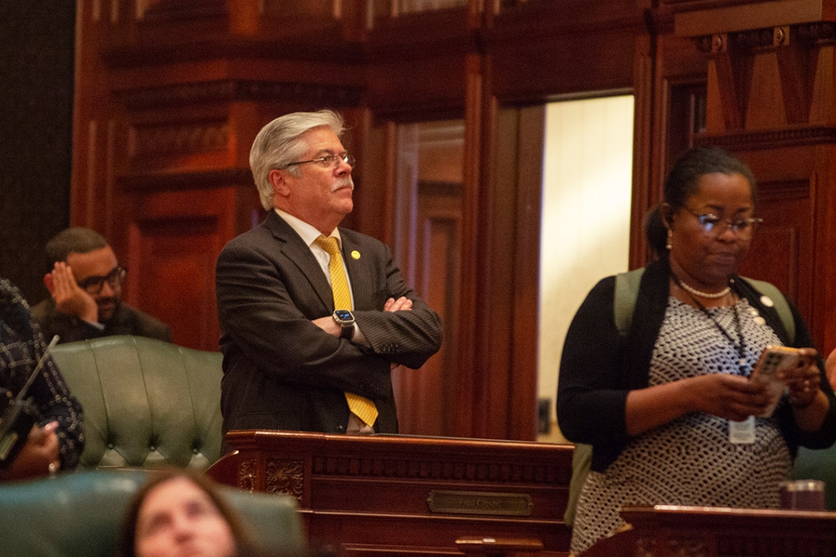 State Rep. Fred Crespo, D-Hoffman Estates, is pictured on the Illinois House floor in May 2024 after voting against part of the state budget for the current fiscal year. House Speaker Emanuel “Chris” Welch stripped him of his committee leadership role and banned him from attending Democratic caucus hearings this week. (Capitol News Illinois photo by Jerry Nowicki)