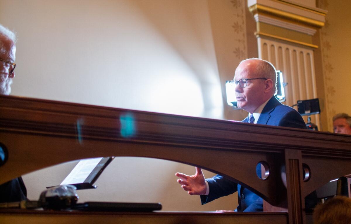 Senate President Don Harmon, D-Oak Park, sits for an interview with Illinois Lawmakers’ host Jak Tichenor on Thursday, May 22, 2025. (Capitol News Illinois photo by Jerry Nowicki)