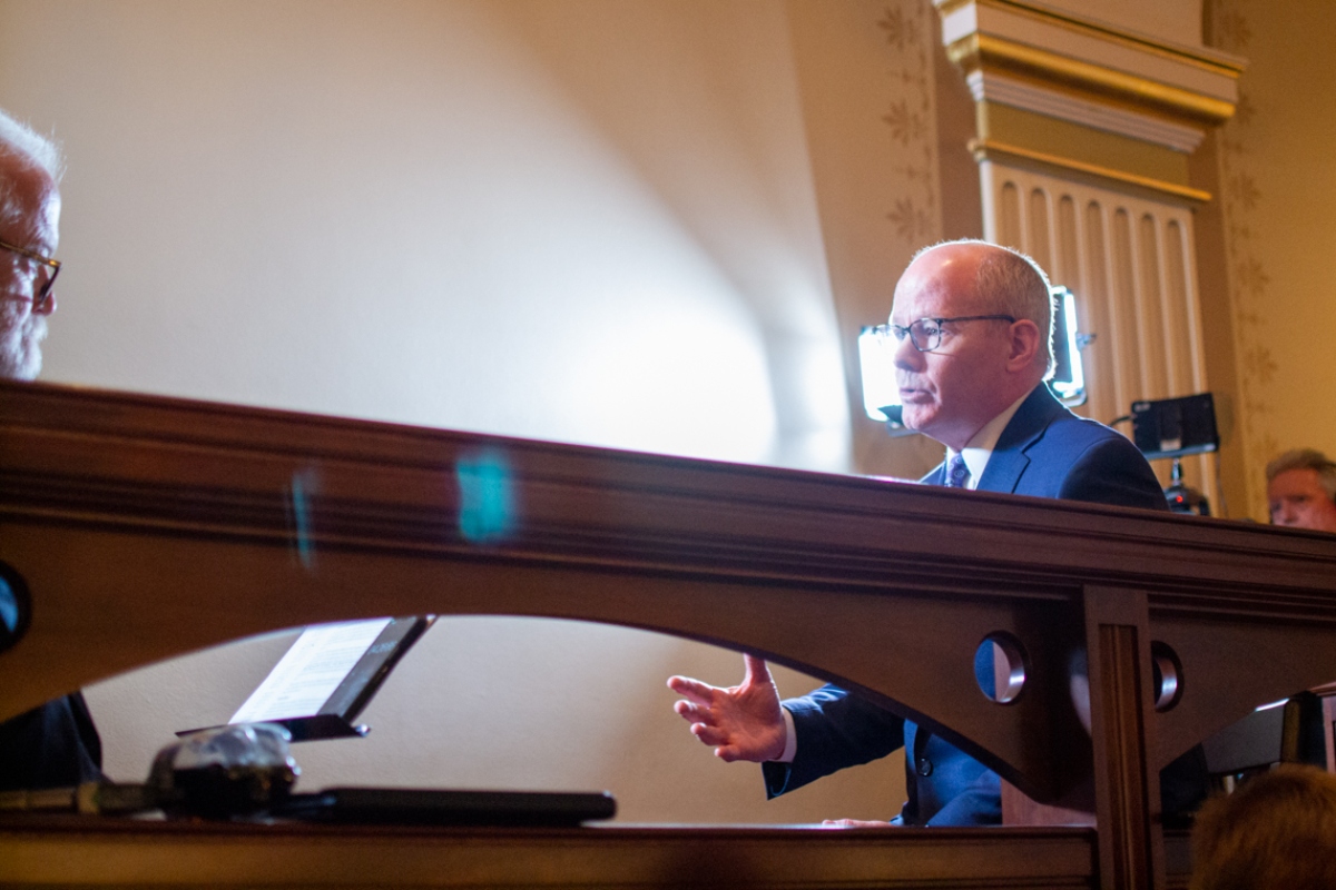 Senate President Don Harmon, D-Oak Park, sits for an interview with Illinois Lawmakers’ host Jak Tichenor on Thursday, May 22, 2025. (Capitol News Illinois photo by Jerry Nowicki)