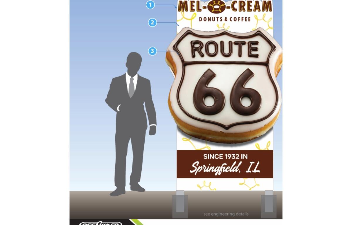 This is a prototype of a Route 66-themed sign being created by Mel-O-Cream Donuts.
