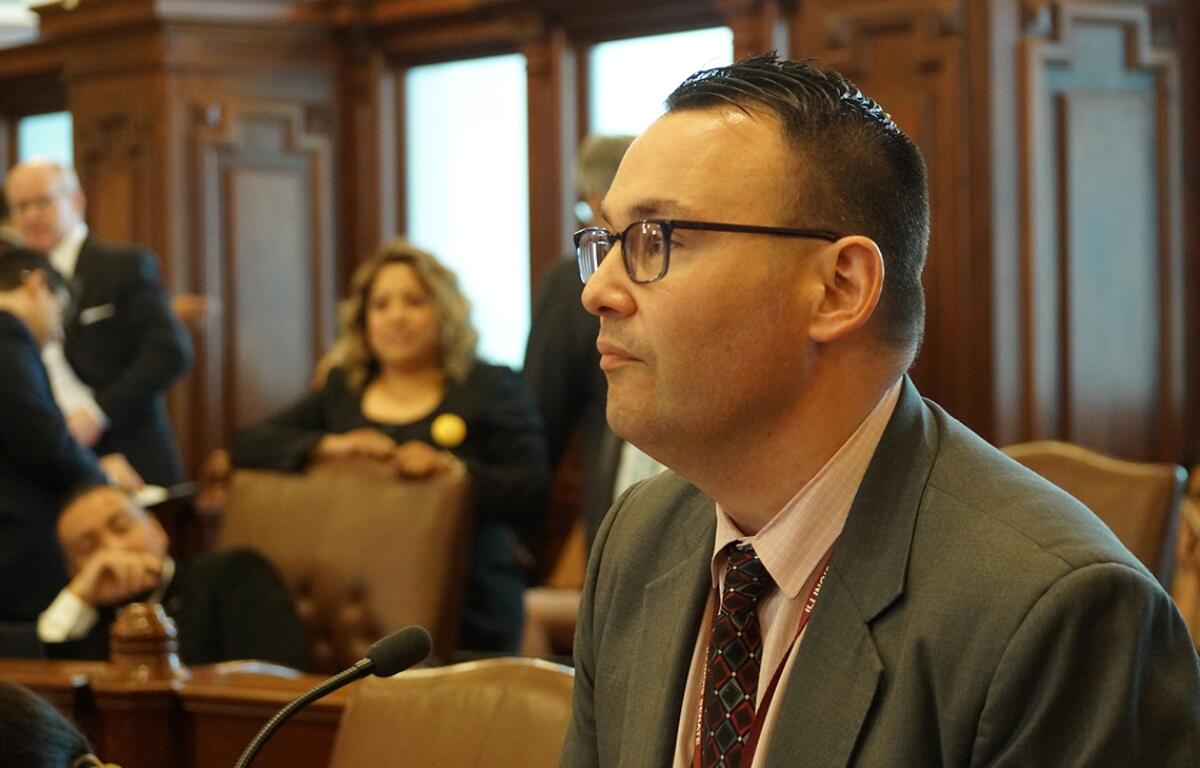 State Sen. Mike Porfirio, D-Lyons Township, speaks on the Senate floor Wednesday in favor of his bill to limit the use of AI in community college instruction. (Capitol News Illinois photo by Peter Hancock)