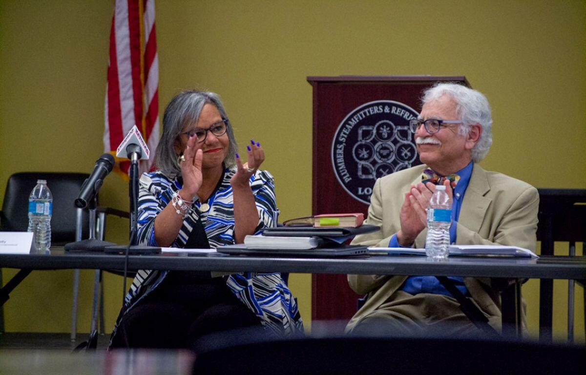 U.S. Rep. Robin Kelly is pictured in her final state central committee meeting as Democratic Party of Illinois chair in 2022. At the time, she was unseated by state Rep. Lisa Hernandez, Gov. JB Pritzker’s preferred candidate for party chair. She’s pictured alongside then-party treasurer Michael Dorf. (Capitol News Illinois photo by Jerry Nowicki)
