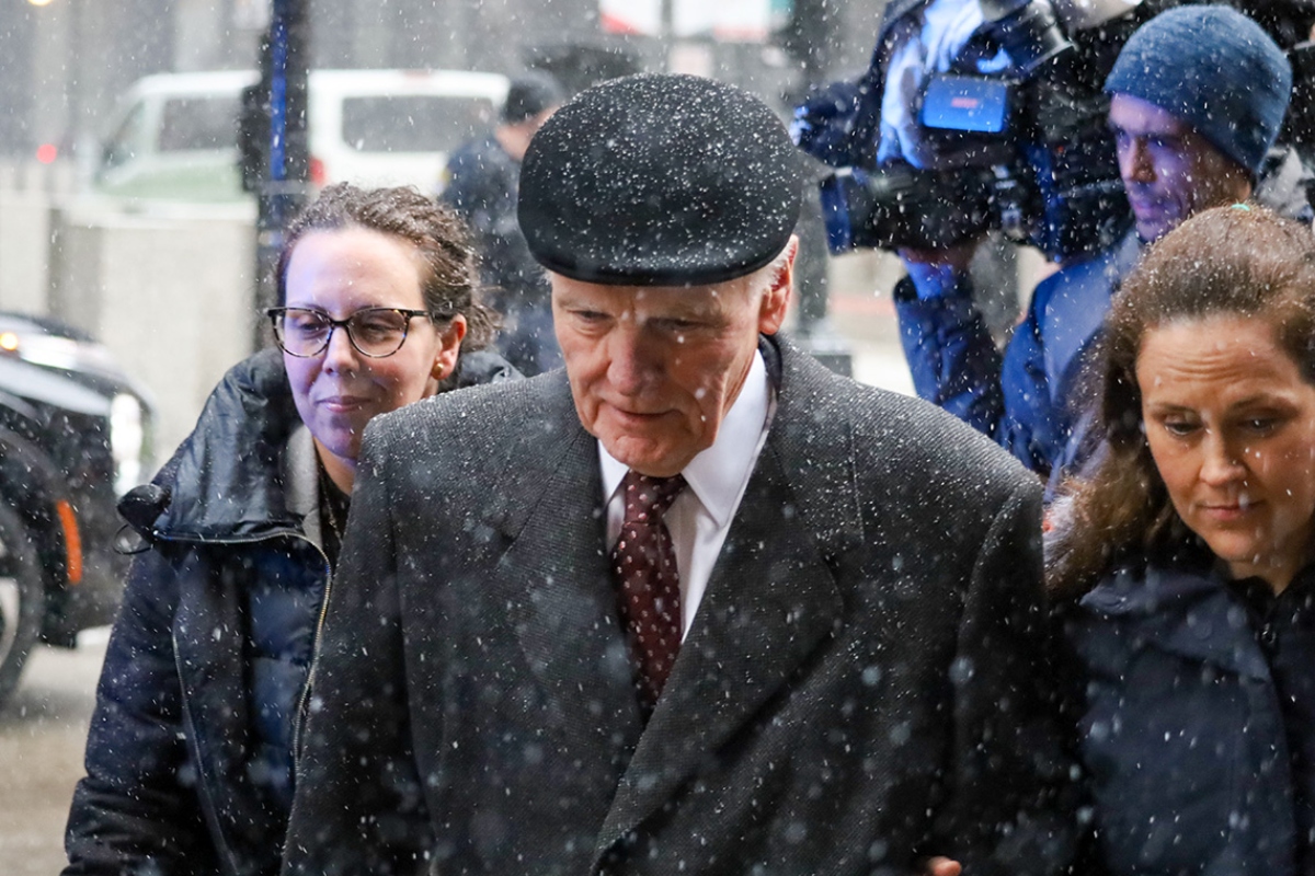 Former Illinois House Speaker Michael Madigan leaves the Dirksen Federal Courthouse in Chicago on Wednesday, Feb. 12, 2025, flanked by two of his daughters after a jury delivered a partial verdict in his corruption trial. Jurors found Madigan guilty on 10 corruption counts but acquitted him on seven, deadlocking on six more. The former speaker is scheduled for sentencing Friday. Capitol News Illinois photo by Andrew Adams)