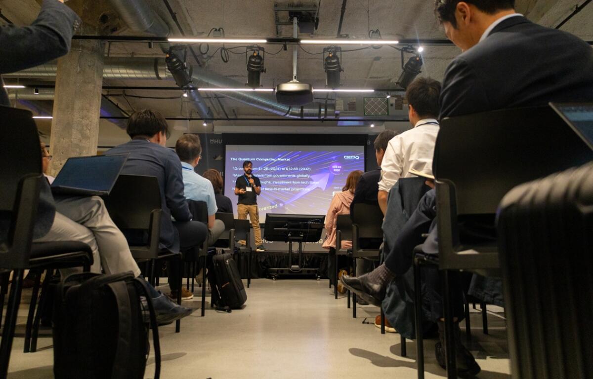 Manish Singh, co-founder and CEO of quantum tech company memQ, speaks to representatives of dozens of Japanese quantum business at a June 10 event in Chicago. (Capitol News Illinois photo by Andrew Adams)