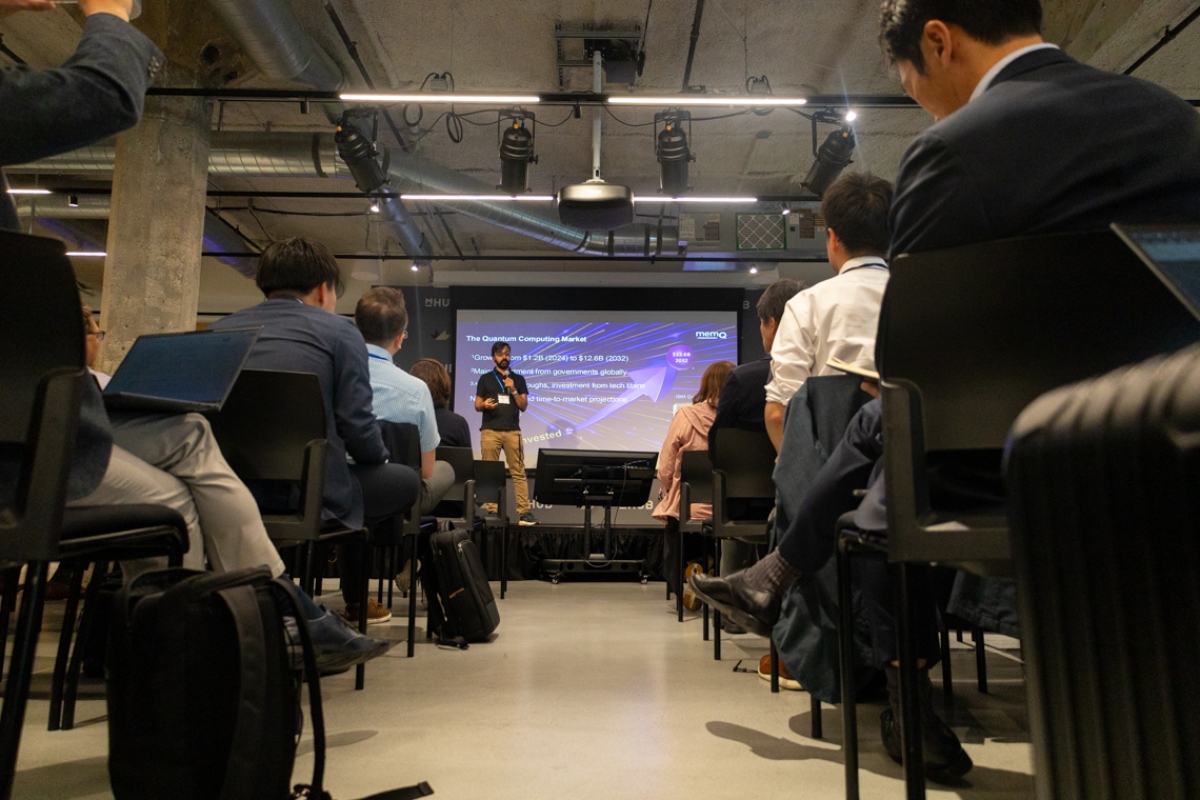 Manish Singh, co-founder and CEO of quantum tech company memQ, speaks to representatives of dozens of Japanese quantum business at a June 10 event in Chicago. (Capitol News Illinois photo by Andrew Adams)