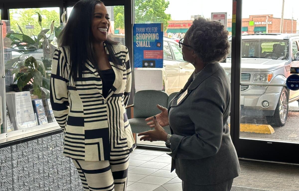 State Rep. Jehan Gordon-Booth, D-Peoria, talks about proposed "Clean Slate" legislation with Pamela Frazier, CEO, All-In-One, Monday, May 19, in Springfield.