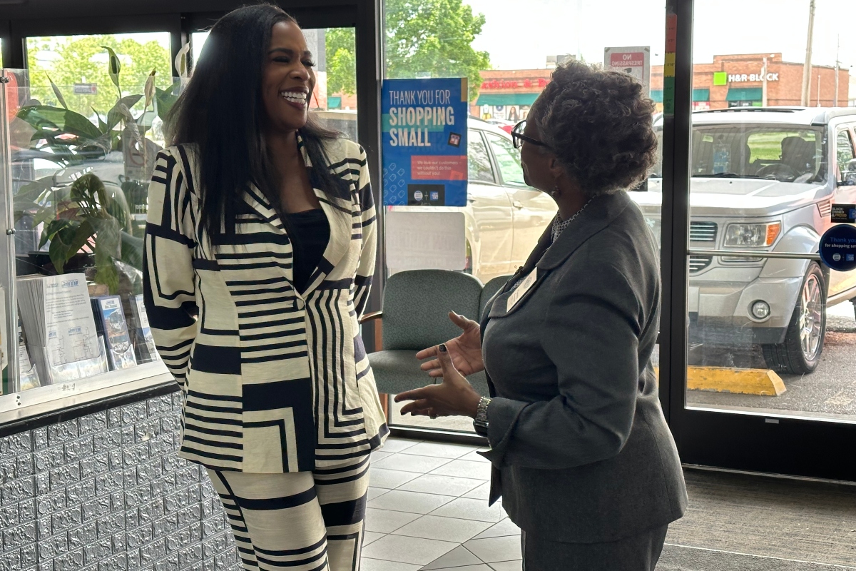 State Rep. Jehan Gordon-Booth, D-Peoria, talks about proposed "Clean Slate" legislation with Pamela Frazier, CEO, All-In-One, Monday, May 19, in Springfield.