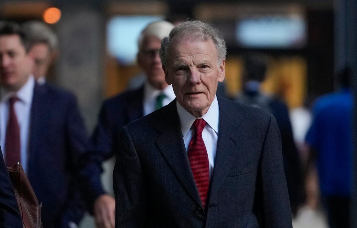 FILE - Former Illinois House Speaker Michael Madigan arrives at federal court where he is on trial for charges in a multimillion-dollar racketeering and bribery scheme, Oct. 21, 2024, in Chicago. (AP Photo/Erin Hooley, File)