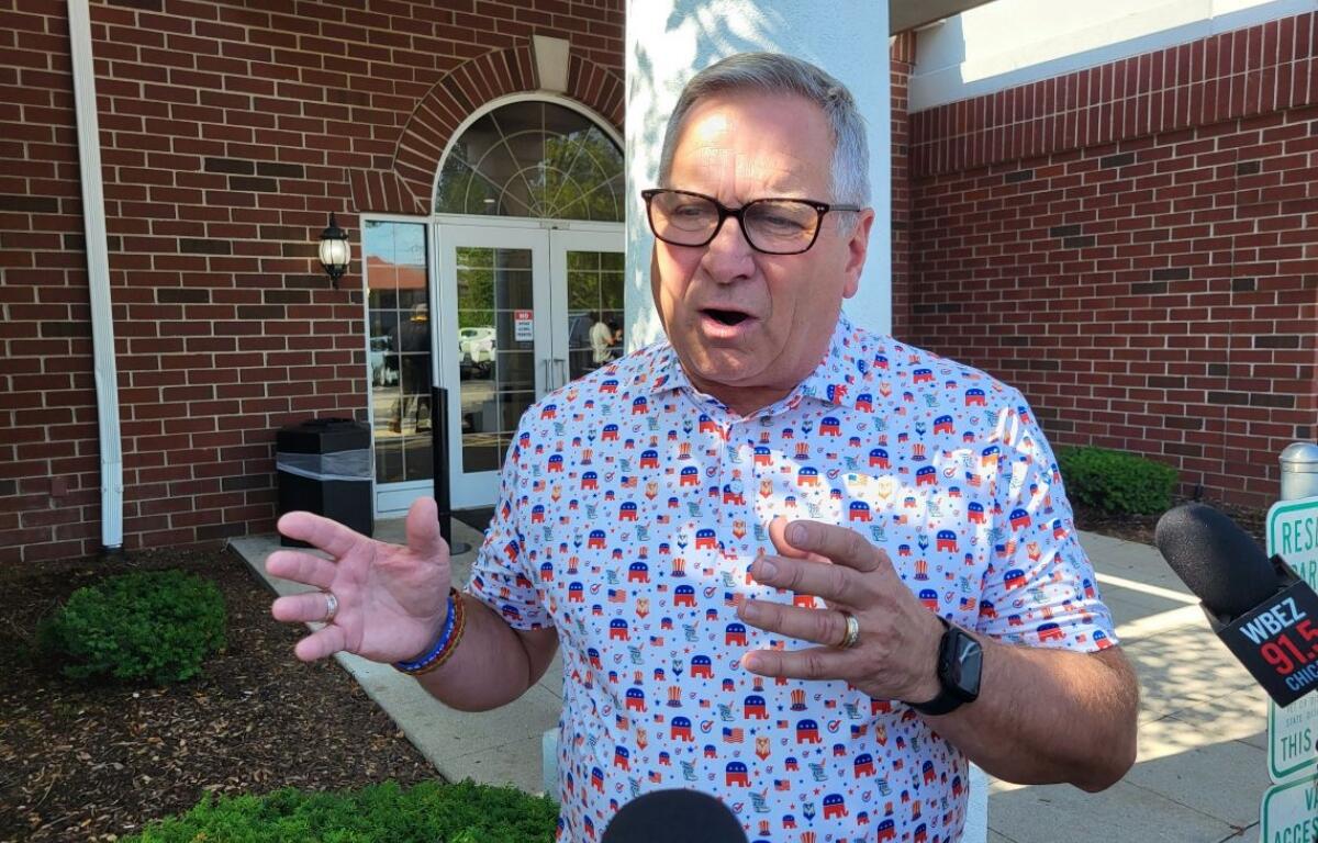 U.S. Rep. Mike Bost, a Murphysboro Republican, speaks to reporters in Milwaukee following an event with Illinois Republicans during the Republican National Convention in July 2024. (Capitol News Illinois photo by Peter Hancock)