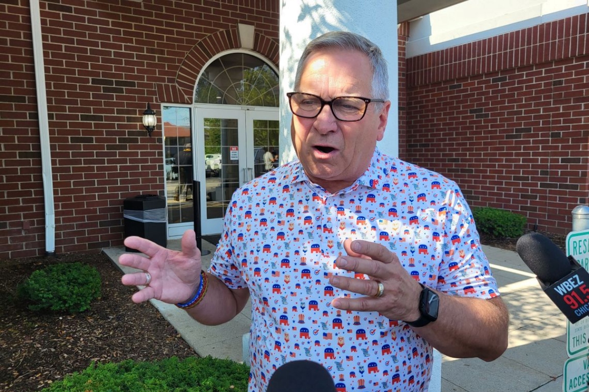 U.S. Rep. Mike Bost, a Murphysboro Republican, speaks to reporters in Milwaukee following an event with Illinois Republicans during the Republican National Convention in July 2024. (Capitol News Illinois photo by Peter Hancock)