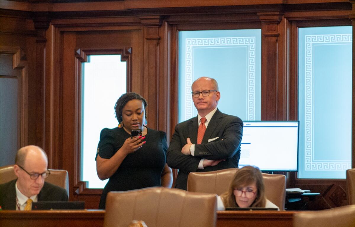 Senate President Don Harmon, D-Oak Park, observes action on the Senate floor during the last week of the 2025 legislative session. Harmon was the sponsor of a bill to reform the Prisoner Review Board. (Capitol News Illinois photo by Jerry Nowicki)