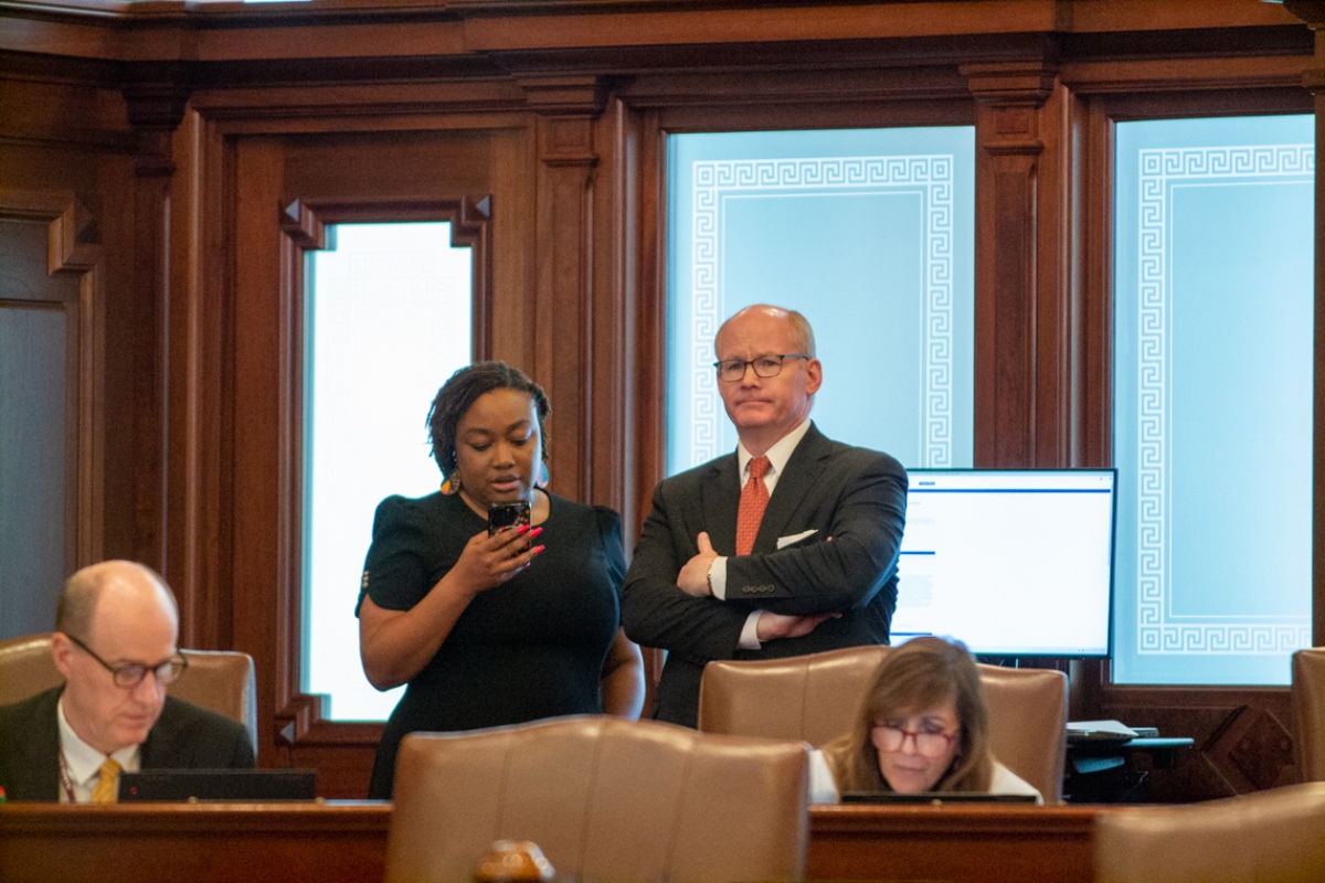 Senate President Don Harmon, D-Oak Park, observes action on the Senate floor during the last week of the 2025 legislative session. Harmon was the sponsor of a bill to reform the Prisoner Review Board. (Capitol News Illinois photo by Jerry Nowicki)
