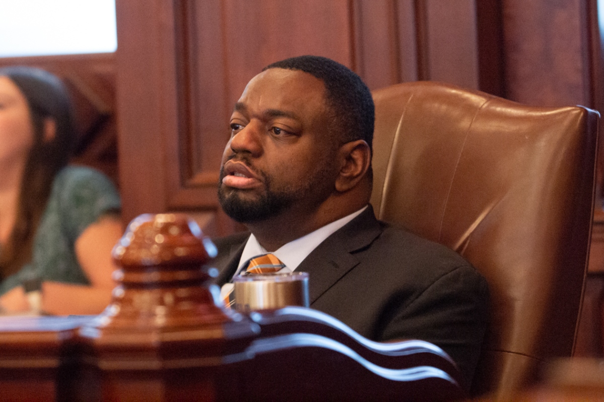 State Sen. Emil Jones III, D-Chicago, listens to debate on the floor of the Illinois Senate on Friday, May 30, 2025. Jones returned to Springfield for the final weeks of legislative session after his federal corruption trial in April ended in a hung jury. (Capitol News Illinois photo by Jerry Nowicki)