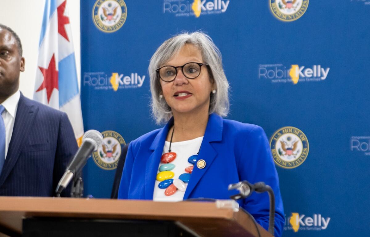 U.S. Rep. Robin Kelly, D-Matteson, speaks at an event on March 18, 2025. (Capitol News Illinois photo by Andrew Adams)