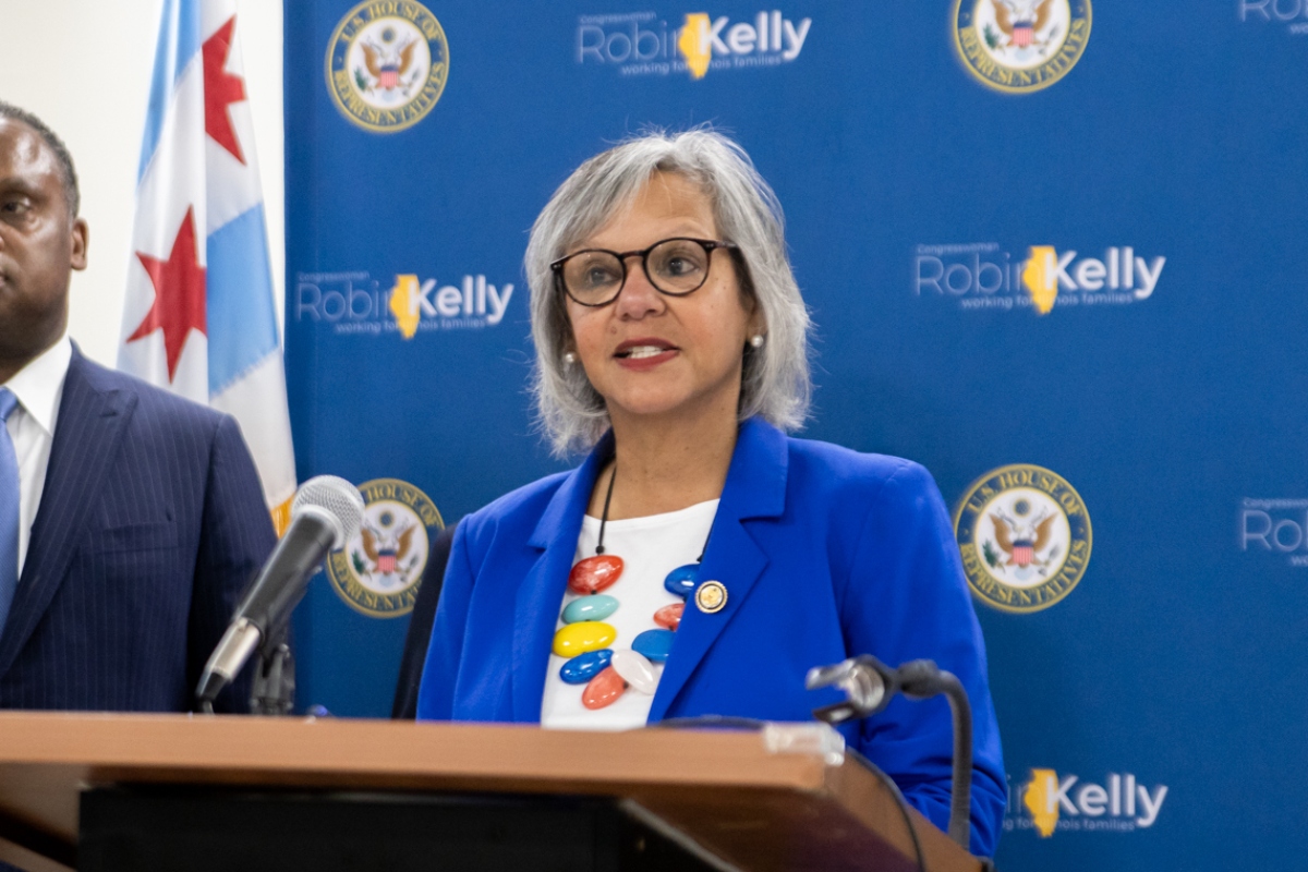 U.S. Rep. Robin Kelly, D-Matteson, speaks at an event on March 18, 2025. (Capitol News Illinois photo by Andrew Adams)