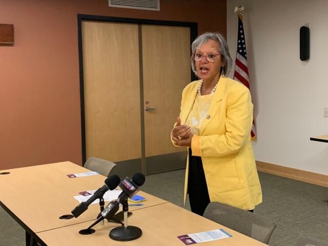 U.S. Rep. Robin Kelly speaks to voters at an event at the Peoria Public Library on Wednesday, July 9, 2025. (Capitol News Illinois photo by Ben Szalinski)