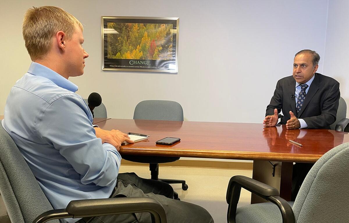 U.S. Rep. Raja Krishnamoorthi speaks to Capitol News Illinois during an interview at a health clinic in Petersburg on July 11, 2025. (Capitol News Illinois photo by Andrew Campbell)