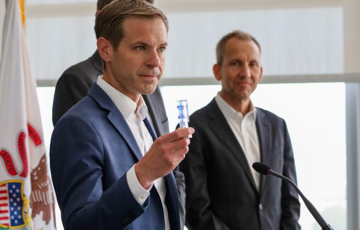 Infleqtion CEO Matthew Kinsella displays one of his company’s “quantum cores,” which form the basis of the quantum technology developed by Infleqtion. (Capitol News Illinois photo by Andrew Adams)