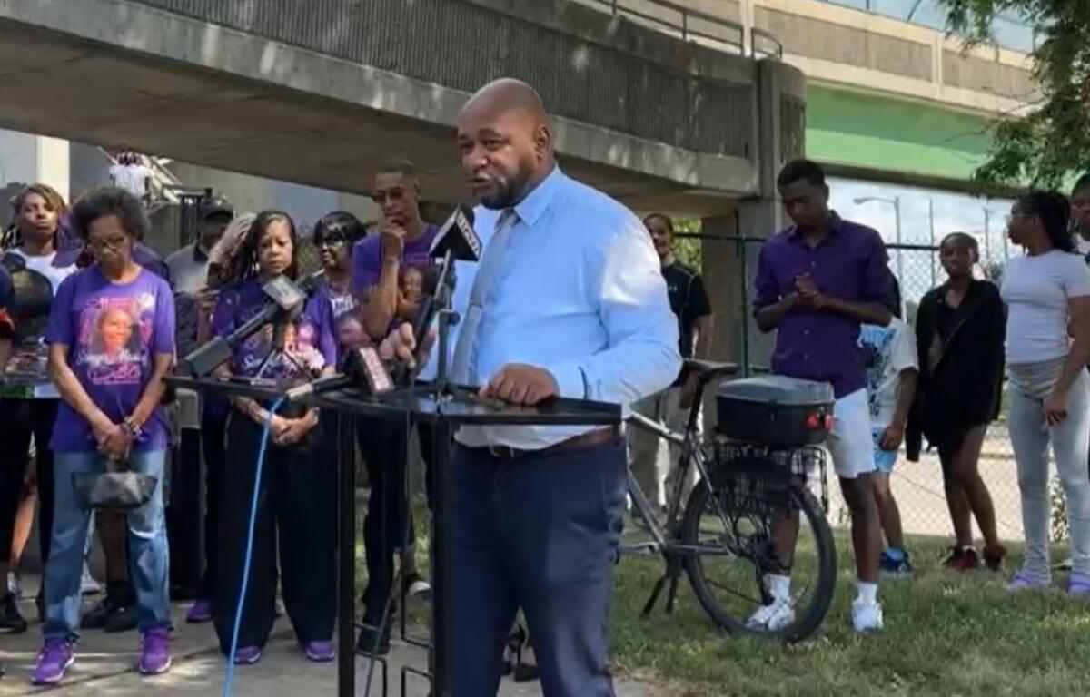 Shontae Massey, Sonya Massey's cousin, speaks at a ceremony dedicating a pedestrian bridge near downtown Springfield in the name of the late Sonya Massey.