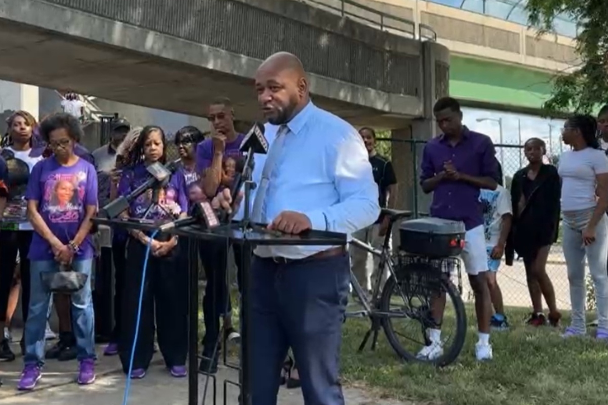 Shontae Massey, Sonya Massey's cousin, speaks at a ceremony dedicating a pedestrian bridge near downtown Springfield in the name of the late Sonya Massey.