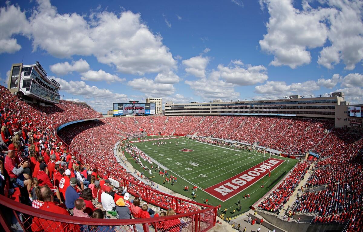 FILE - Camp Randall Stadium is seen during an NCAA college football game between Wisconsin and Miami of Ohio, Sept. 12, 2015, in Madison, Wis. (AP Photo/Aaron Gash, File)