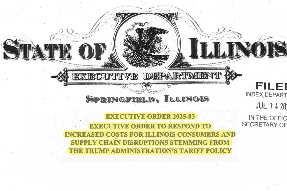 Gov. JB Pritzker issued his third executive order this year on Monday, which requires certain state agencies to draft plans to respond to federal tariffs. (Screenshot of executive order filing with Illinois Secretary of State)