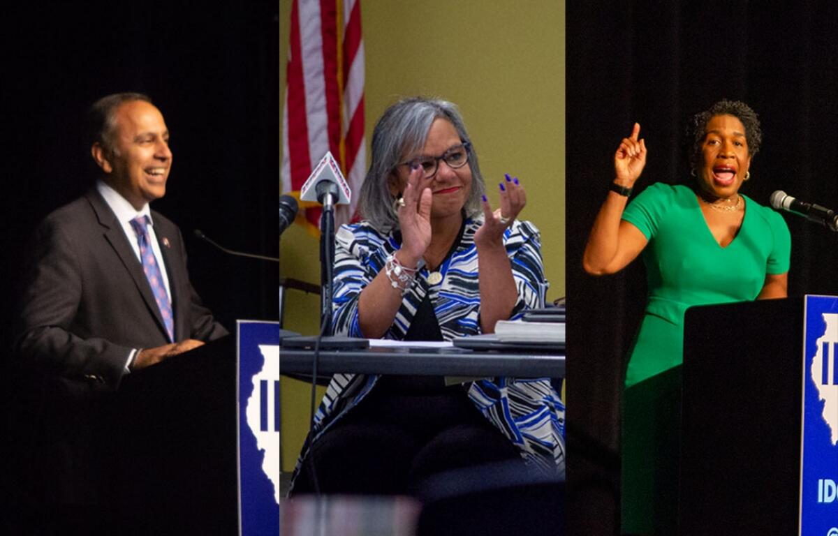 U.S. Reps. Raja Krishnamoorthi and Robin Kelly are pictured along with Lt. Gov. Juliana Stratton in file photos of Democratic party gatherings in Illinois. (Capitol News Illinois photos by Jerry Nowicki)