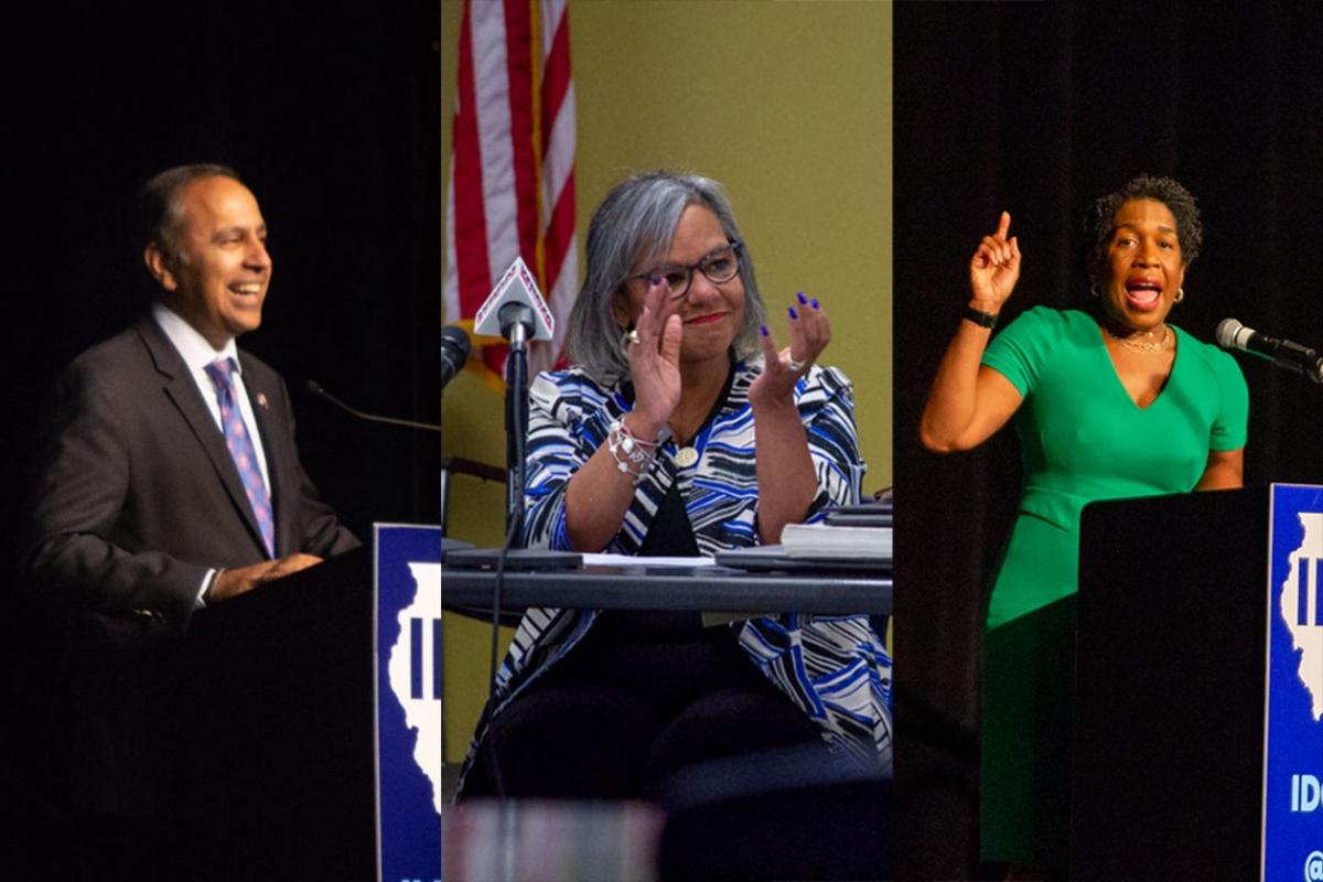 U.S. Reps. Raja Krishnamoorthi and Robin Kelly are pictured along with Lt. Gov. Juliana Stratton in file photos of Democratic party gatherings in Illinois. (Capitol News Illinois photos by Jerry Nowicki)
