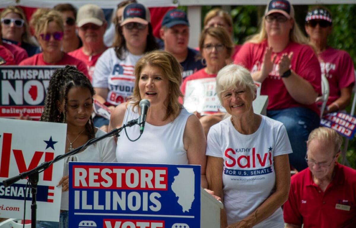 Kathy Salvi speaks to supporters at the 2022 Illinois State Fair in Springfield as a candidate for U.S. Senate. Salvi was elected chair of the Illinois Republican Party in 2024. (Capitol News Illinois photo by Jerry Nowicki)