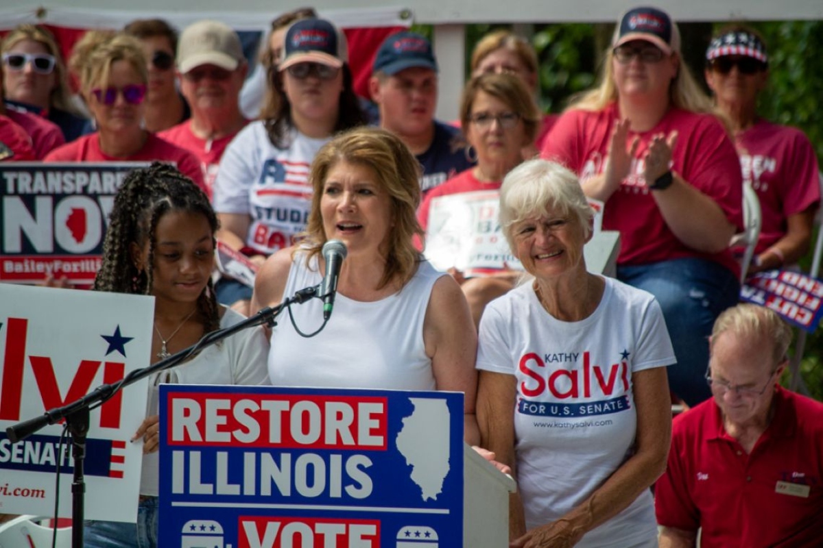 Kathy Salvi speaks to supporters at the 2022 Illinois State Fair in Springfield as a candidate for U.S. Senate. Salvi was elected chair of the Illinois Republican Party in 2024. (Capitol News Illinois photo by Jerry Nowicki)