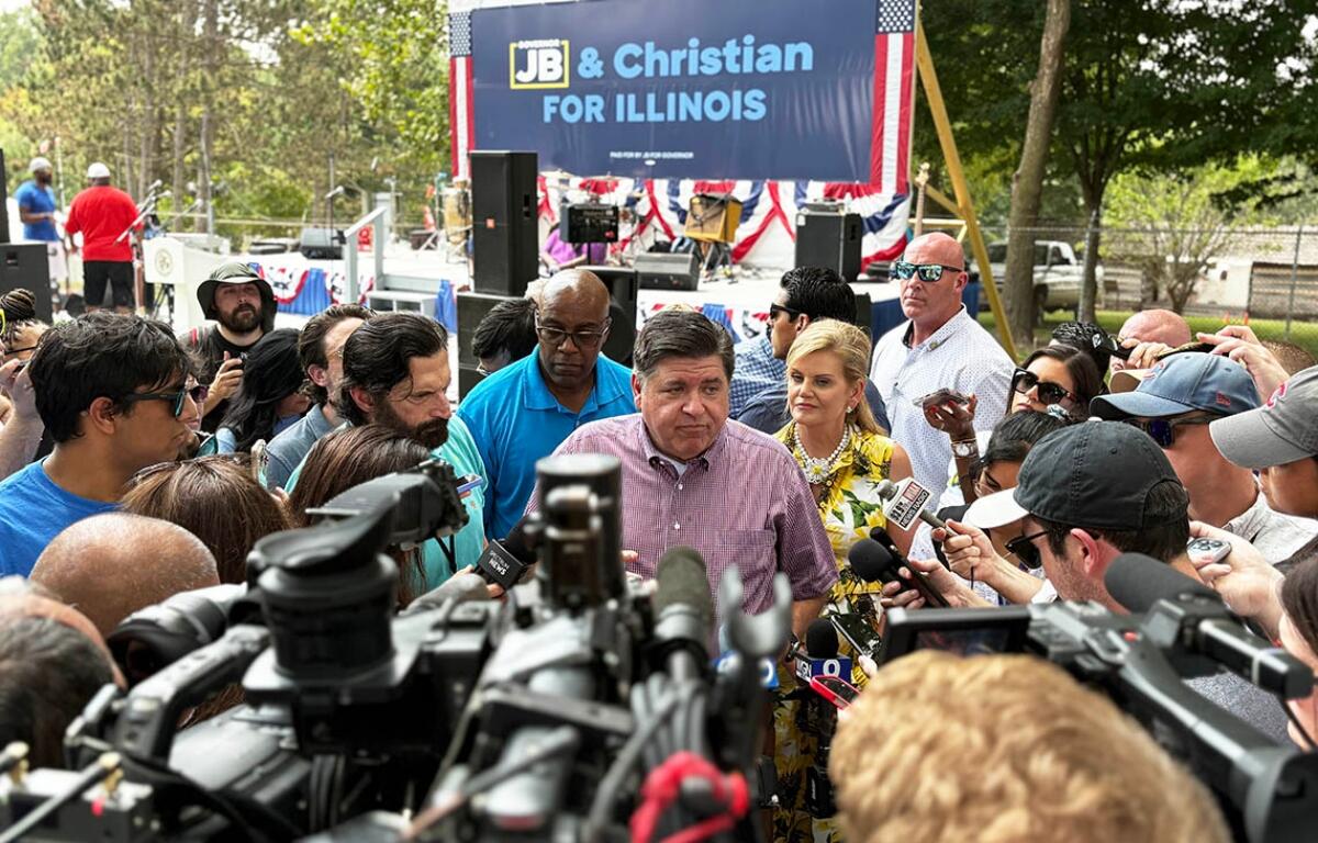 Gov. JB Pritzker takes questions from the news media at the Illinois State Fair on Wednesday, Aug. 13, 2025. (Capitol News Illinois photo by Jerry Nowicki)