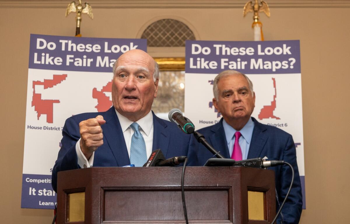 Bill Daley, left, and Ray LaHood, right, speak at a launch event for their campaign to change how Illinois draws its legislative maps. (Capitol News Illinois photo by Andrew Adams)