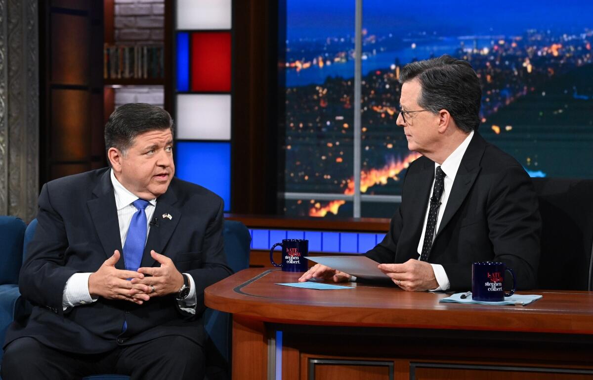 The Late Show with Stephen Colbert and guest Gov. JB Pritzker during Tuesday’s August 5, 2025 show. Photo: Scott Kowalchyk ©2025 CBS Broadcasting Inc. All Rights Reserved.