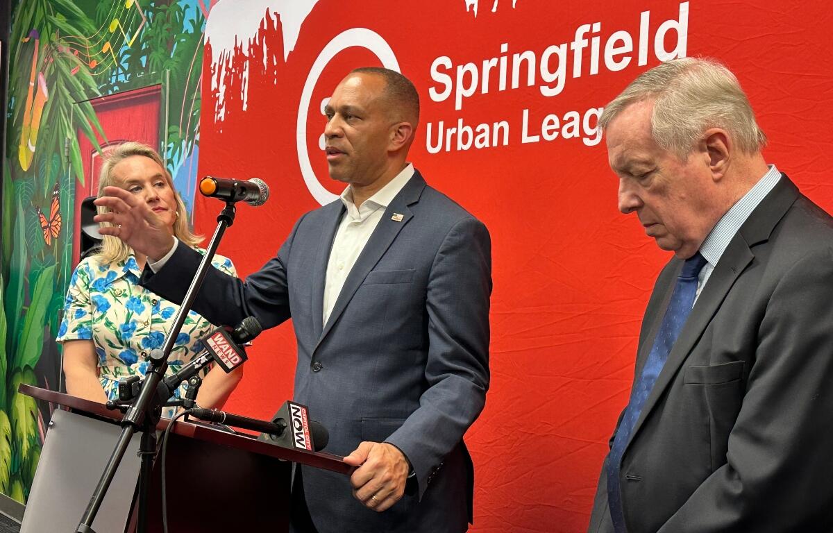 House Minority Leader Hakeem Jeffries was in Springfield Tuesday and Wednesday, speaking here at the Springfield Urban League alongside Rep. Nikki Budzinski (D-Springfield) and Sen. Dick Durbin (D-Springfield).