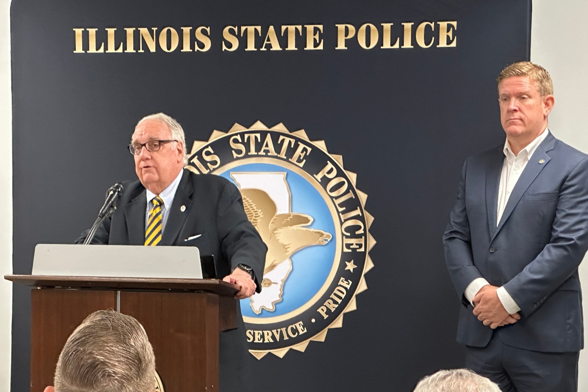 Illinois State Police Director Brendan Kelly, right, and investor Howard G. Buffett, participate in a news conference on human trafficking Wednesday in Decatur.
